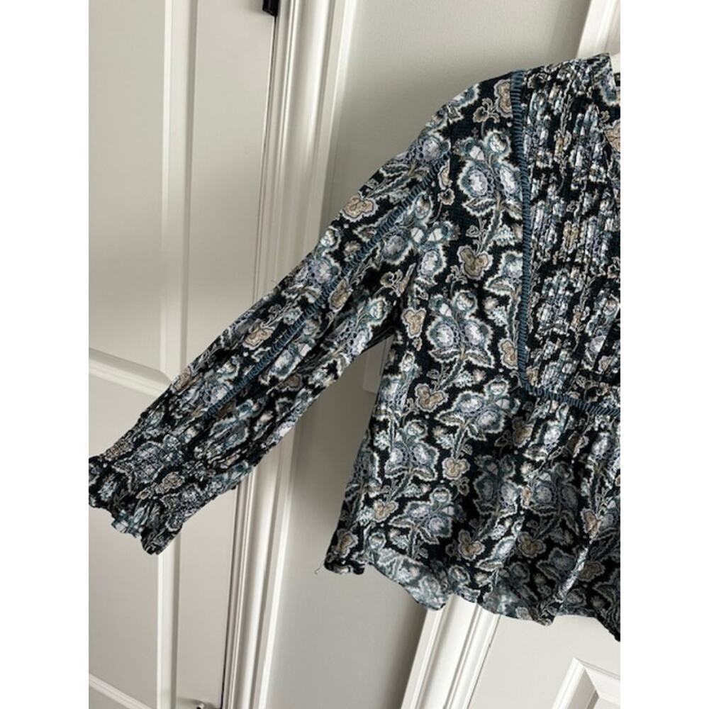 Anthropologie Floral Cotton Peasant Blouse Small Blue/Green - Picture 4 of 9